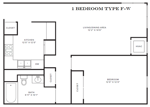 Floor plan for 1 bed, 1 bath, 677 sqft